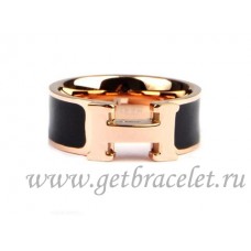 Hermes Enamel Clic H Ring in 18kt Pink Gold with Black
