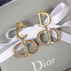 Christian Dior CD Logo Initial Pendant Antique Brass Metal Females Diamonds Drop Earrings For