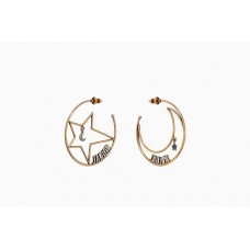 Dior JAdior Star-Moon Asymmetric Pendant Ladies Aged Brass Logo Motif Hoops