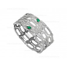 Bvlgari Serpenti Bangle Bracelet 18K White Gold set with Emerald Eyes and Full Pave Diamonds