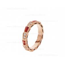 Bvlgari Small Serpenti Viper 18k Rose Gold Ring with Carnelian Elements and Pave Diamonds