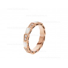 Bvlgari Small Serpenti Viper 18k Rose Gold Ring with Mother of Pearl Elements and Pave Diamonds