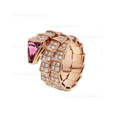 Bvlgari Serpenti Viper Twp-Coil Ring in 18K Rose Gold with Full Pave Diamonds and a Rubellite on the Head