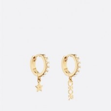 Christian Dior LOGO And Star Pendants Yellow Gold Plated Women White Pearl Hoop Earrings