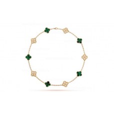 Van Cleef Arpels Alhambra Necklace 10 Motifs Yellow Gold With Diamonds and Malachite