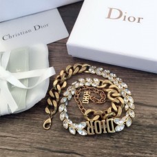 Dior DIOR Logo Charm Thick Chain Marquise Diamond Females Antique Brass White Crystal Faux Necklace