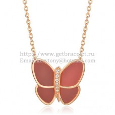 Van Cleef Arpels Flying Butterfly Pendant Necklace Pink Gold With Red Onyx Diamonds