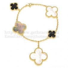 Van Cleef Arpels Magic Alhambra Bracelet 5 Motifs Yellow Gold With White Gray Mother Of Pearl Black Agate