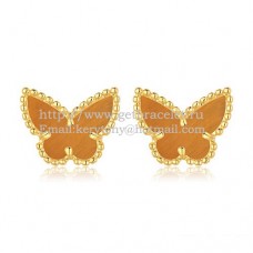 Van Cleef Arpels Sweet Alhambra Butterfly Earrings Yellow Gold With Tigers Eye Mother Of Pearl