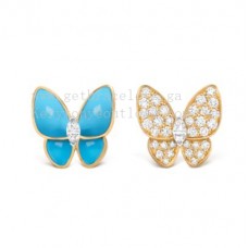 Van Cleef Arpels Two Butterfly Earrings Yellow Gold with Diamonds and Turquoise