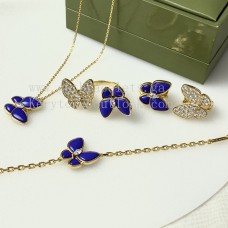 Van Cleef Arpels Two Butterfly Necklace/Earrings/Ring Yellow Gold with Diamonds and Lapis Lazuli