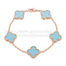 Van Cleef Arpels Alhambra Bracelet 5 Motifs Pink Gold With Turquoise Mother Of Pearl