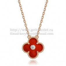 Van Cleef Arpels Alhambra Pendant Pink Gold With Carnelian Mother Of Pearl Round Diamonds