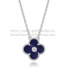 Van Cleef Arpels Alhambra Pendant White Gold With Lapis Stone Mother Of Pearl Round Diamonds