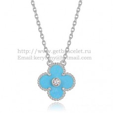 Van Cleef Arpels Alhambra Pendant White Gold With Turquoise Mother Of Pearl Round Diamonds