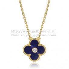 Van Cleef Arpels Alhambra Pendant Yellow Gold With Lapis Stone Mother Of Pearl Round Diamonds